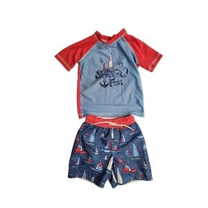 Lil Joe by Caribbean Joe Boys 2T Rash Guard Swimsuit Set Summer Fun Sailboat